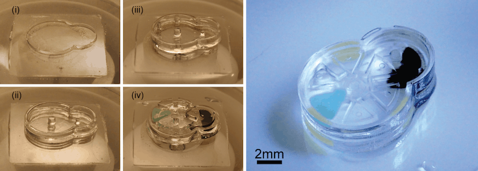 The left panel shows the layer-by-layer fabrication of support structures and assembly of gear components. The image on the right shows the complete device after the layers have been sealed