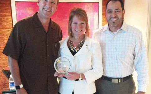 Pictured from left to right are executives Jeff Thomson from ON Semiconductor, Kristin Schuetter from Mouser Electronics, and Richard Diaz from ON Semiconductor