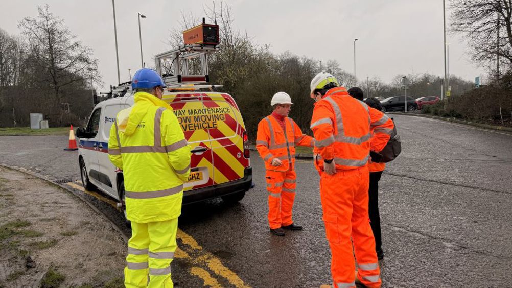 Highways officers and Robotiz3d speak with Cllr Phil Bibby about the Arres Eye technology