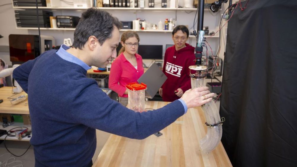 From left, Cagdas Onal, PhD student Gabrielle Conard, and post-doctoral researcher Shoushan Chiang